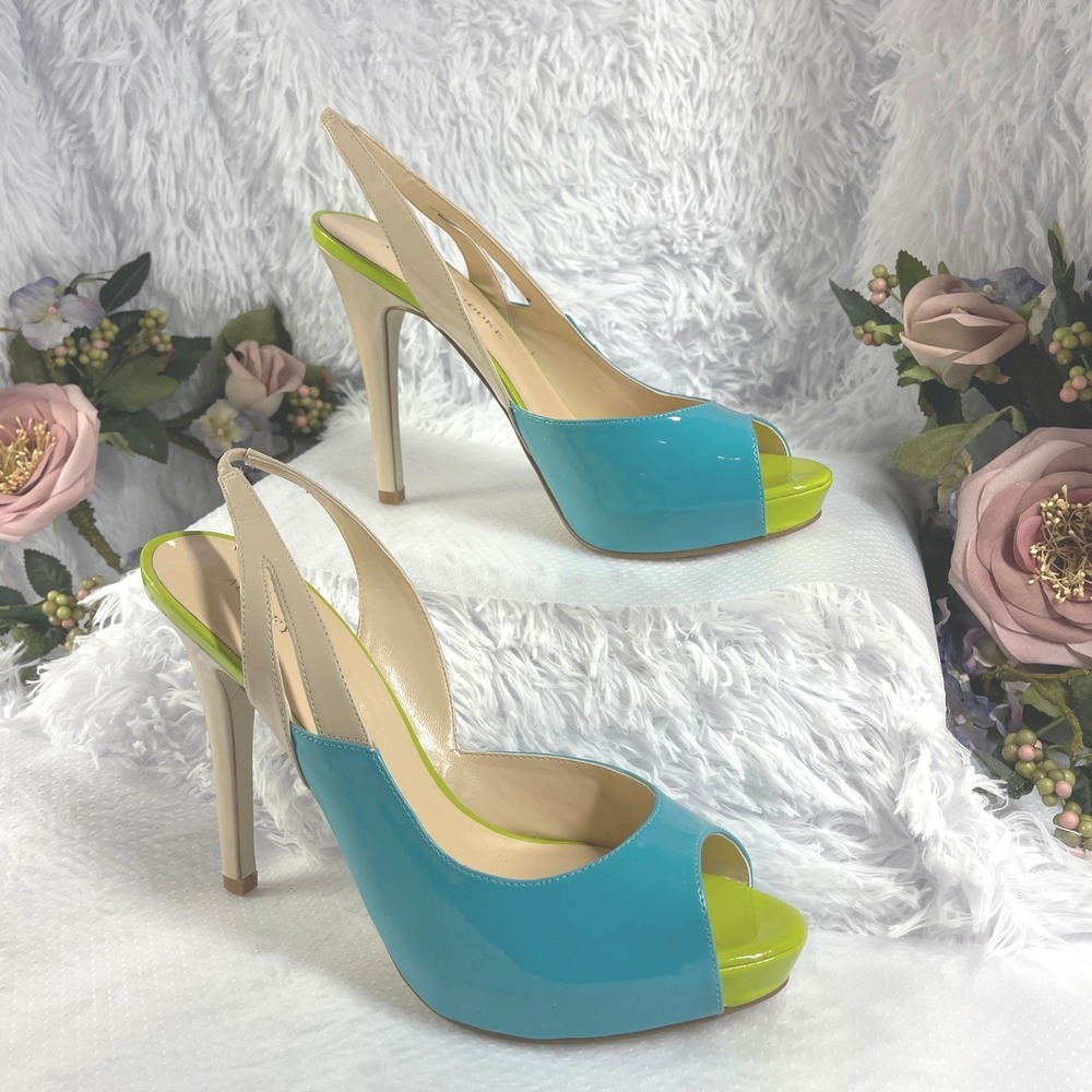 Audrey Brooke Abbety Heels Womens 10 Blue Green Patent Colorblock Peep Toe Pump